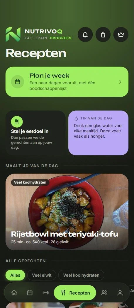 Scherm uit de app: recepten en weekplanning