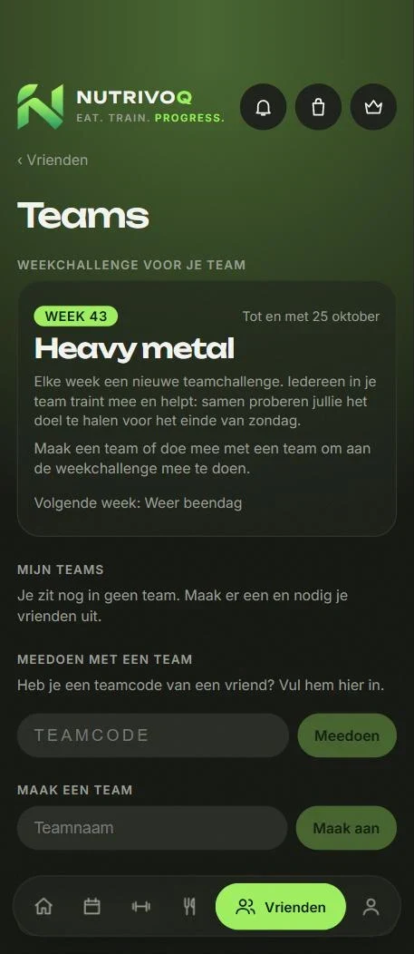 Scherm uit de app: teams en weekchallenge