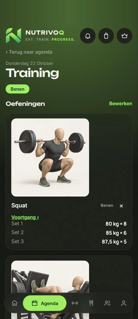 Scherm uit de app: training met sets en gewicht